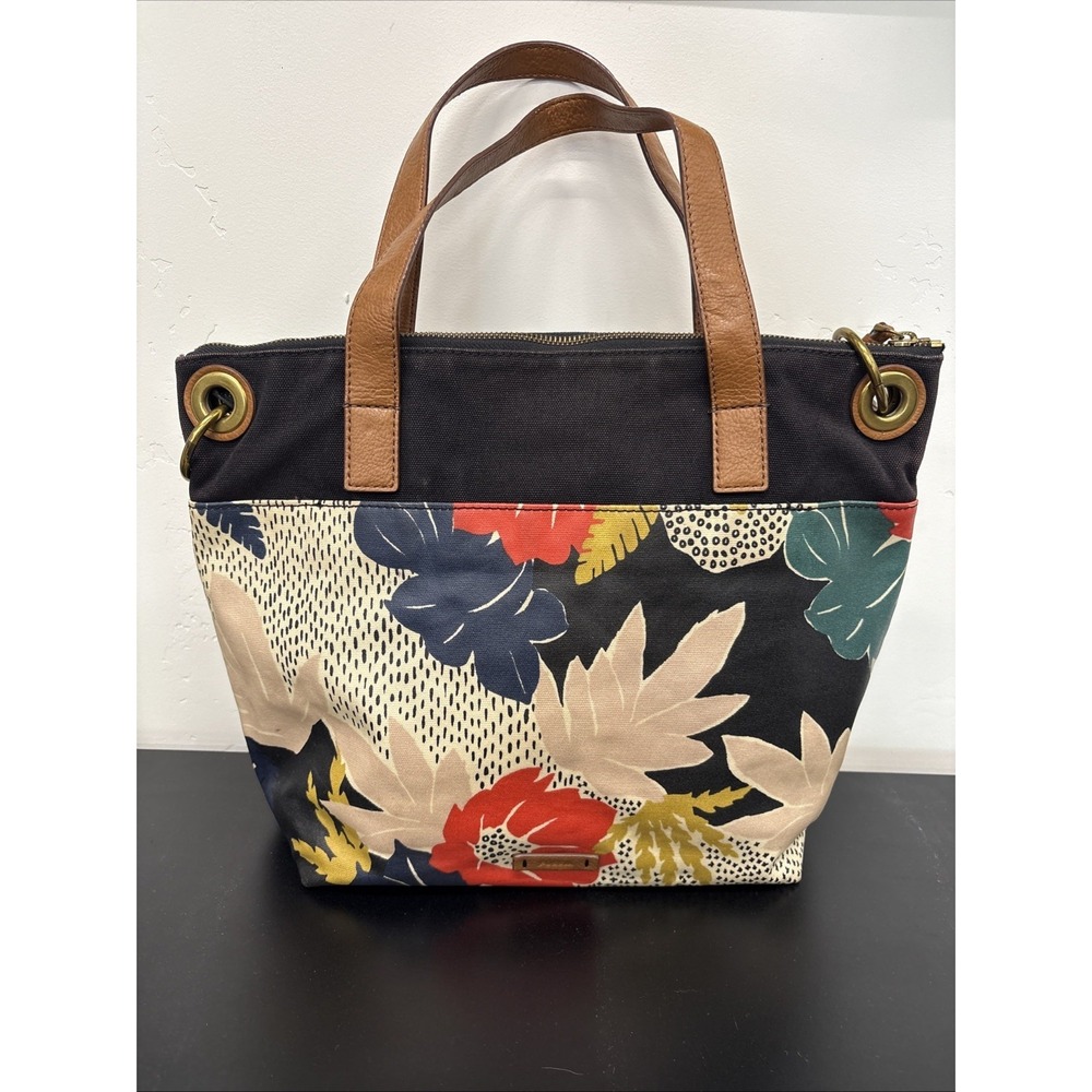 Fossil Blue Floral Crossbody Bag Waxed Canvas Grommets 15" X 12" Leather Handles